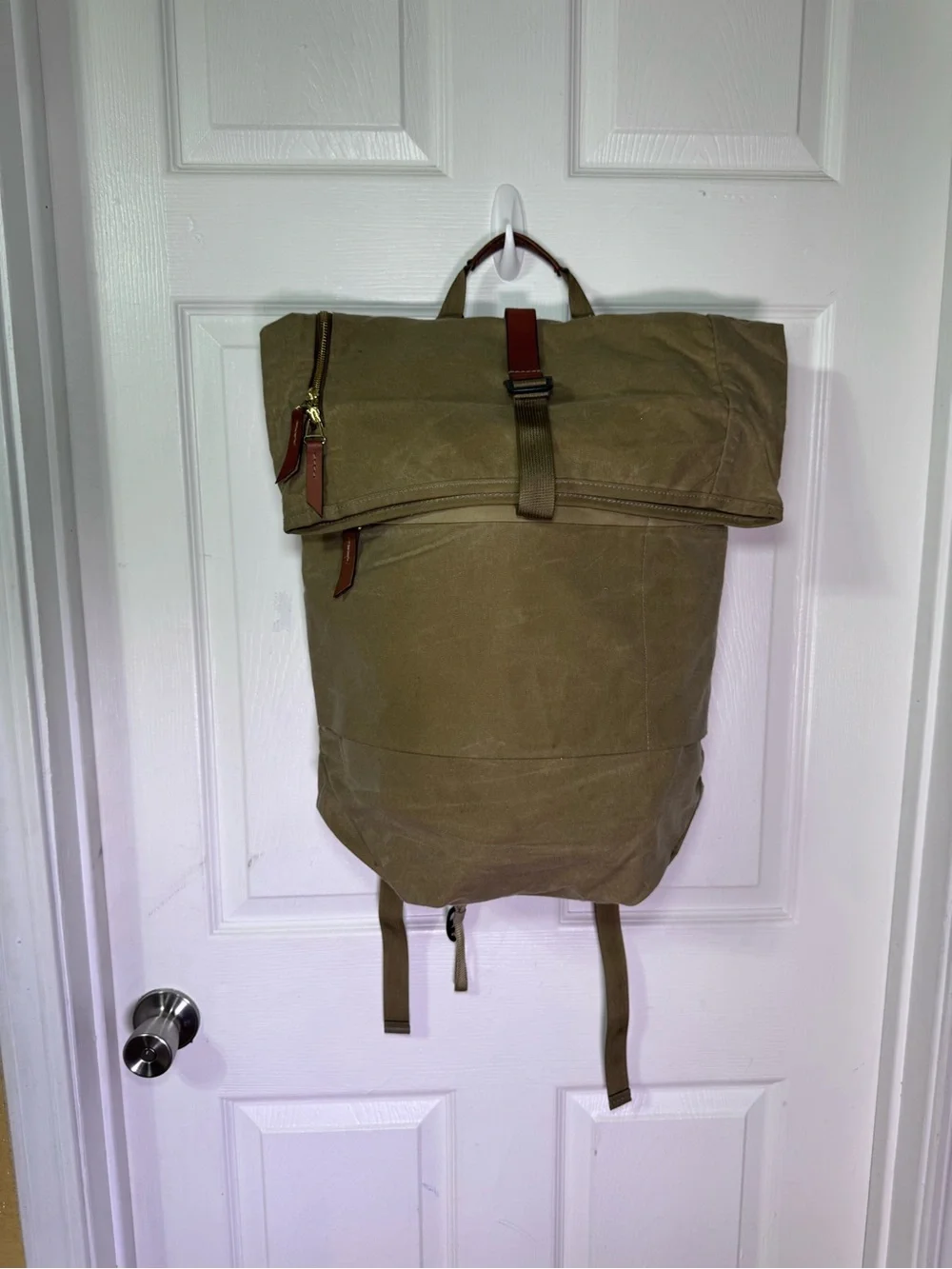 Roll-Top Canvas Backpack for Men — Khaki with Brown Trim